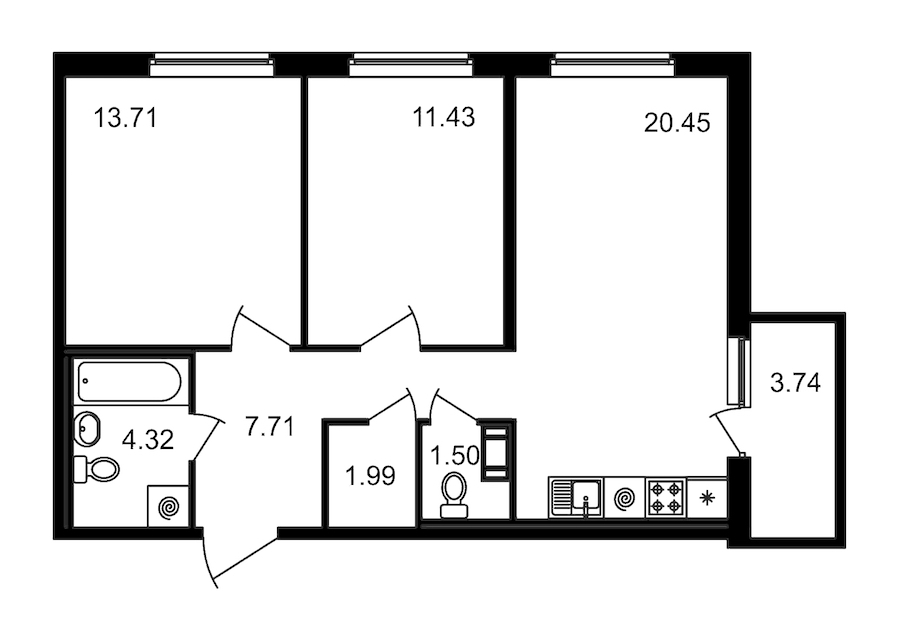 2-комнатная квартира 61.11 м², 12/15 эт., ЖК «Новые горизонты»
